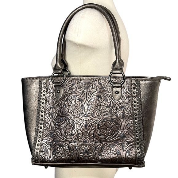 SHYANNE Metallic Silver Leather Purse Tooled Concealed Carry Handbag - Picture 1 of 8